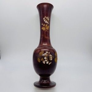 Hand Carved Wooden Pedestal Vase Floral Brown White Signed? 10"